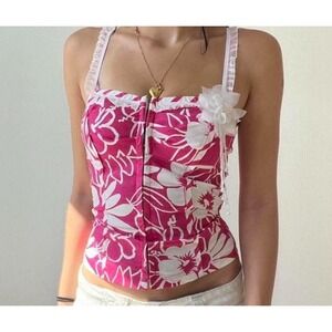 Charlotte Russe Y2K Pink White Floral Corset Tank Top Crop Top Ruffle Straps M